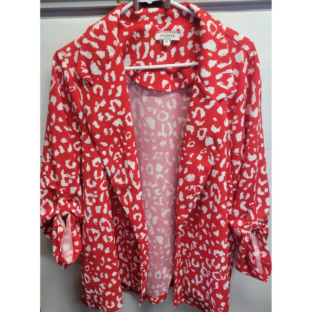 Andree by Unit Red White Leopard Print Open Front Blazer 3/4 Roll Tab Sleeve 1X